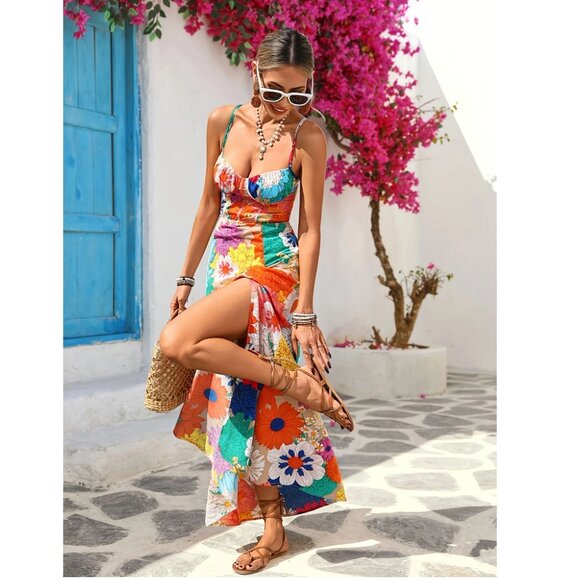 Multicolor Floral Flower Criss Cross Back Straps Maxi Dress - Picture 2 of 4